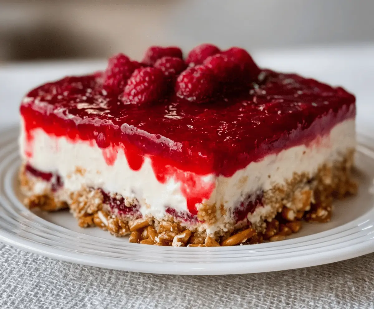 Delicious Raspberry Pretzel Salad Cake with fresh raspberries and creamy topping