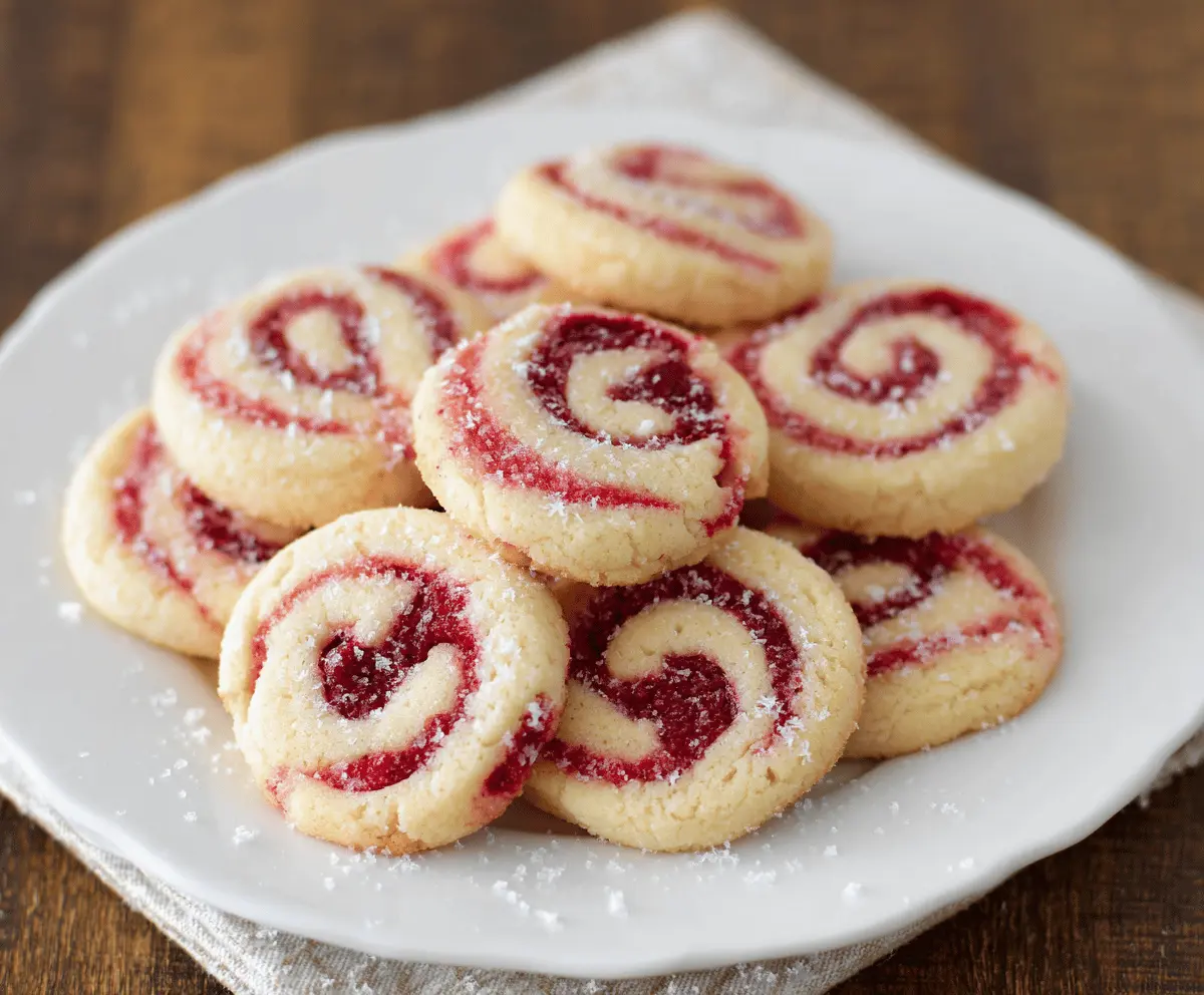 Delicious raspberry swirl cookies with a vibrant red and white marbled appearance on a baking tray.