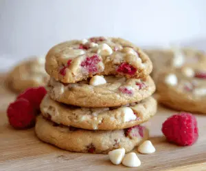 Delicious Raspberry White Chocolate Chip Cookies fresh out of the oven showcasing vibrant raspberries and creamy white chocolate chunks.