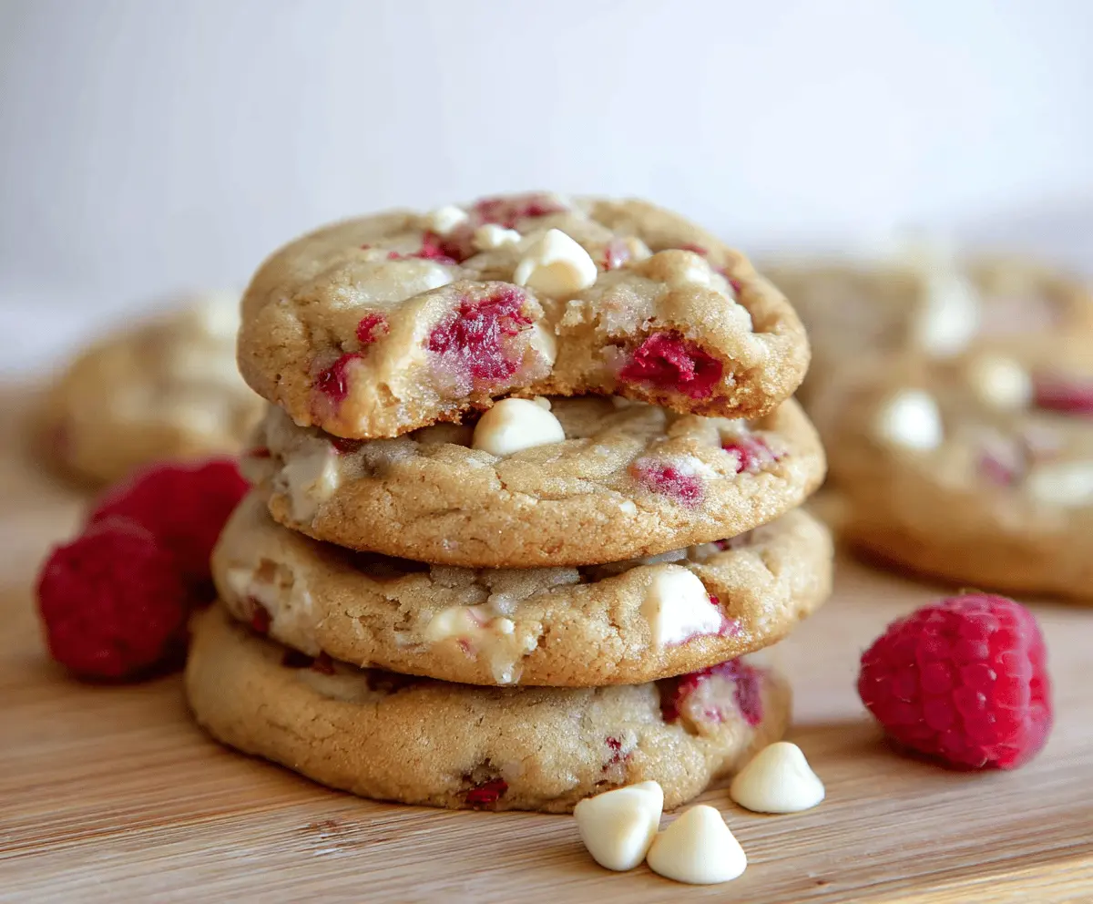 Delicious Raspberry White Chocolate Chip Cookies fresh out of the oven showcasing vibrant raspberries and creamy white chocolate chunks.