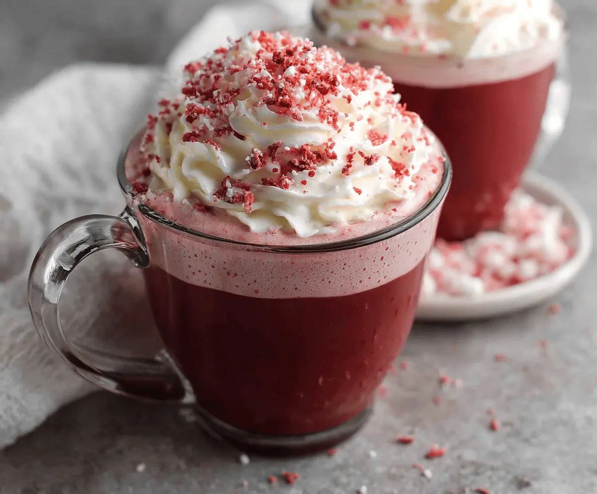 A steaming cup of red velvet hot chocolate topped with whipped cream and red sprinkles, perfect for winter evenings.