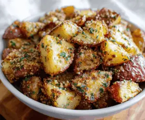 Golden roasted garlic Parmesan potatoes crispy on the outside and tender inside, perfect for a savory side dish.