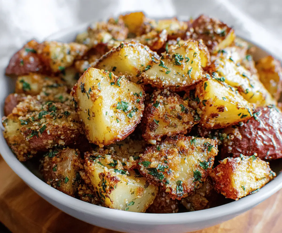 Golden roasted garlic Parmesan potatoes crispy on the outside and tender inside, perfect for a savory side dish.