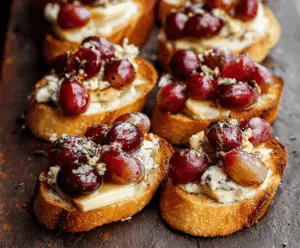 Delicious roasted grape and creamy Brie cheese crostini served on a rustic wooden platter.