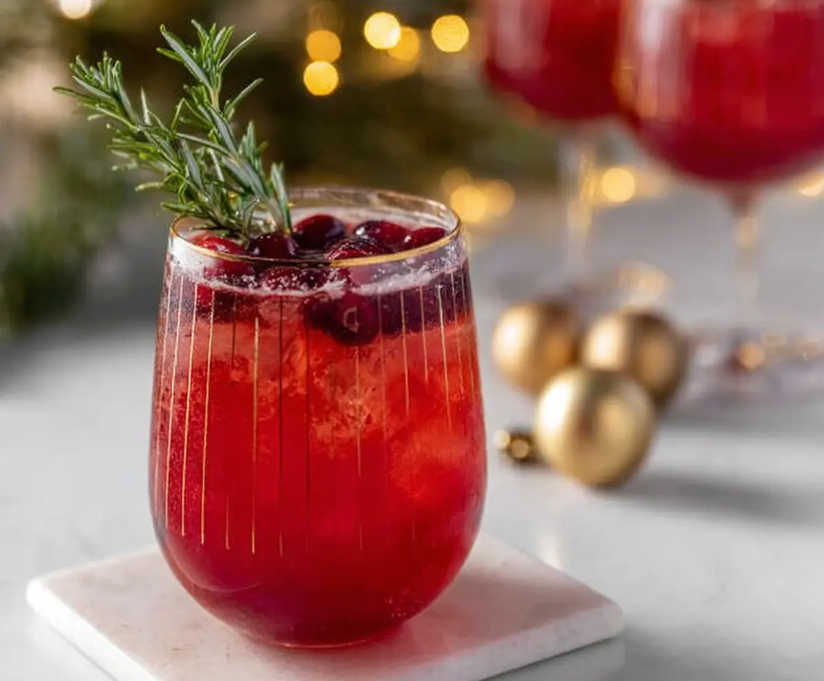 Festive Santa Spritz cocktail with red and white layers garnished with a cherry in a clear glass.