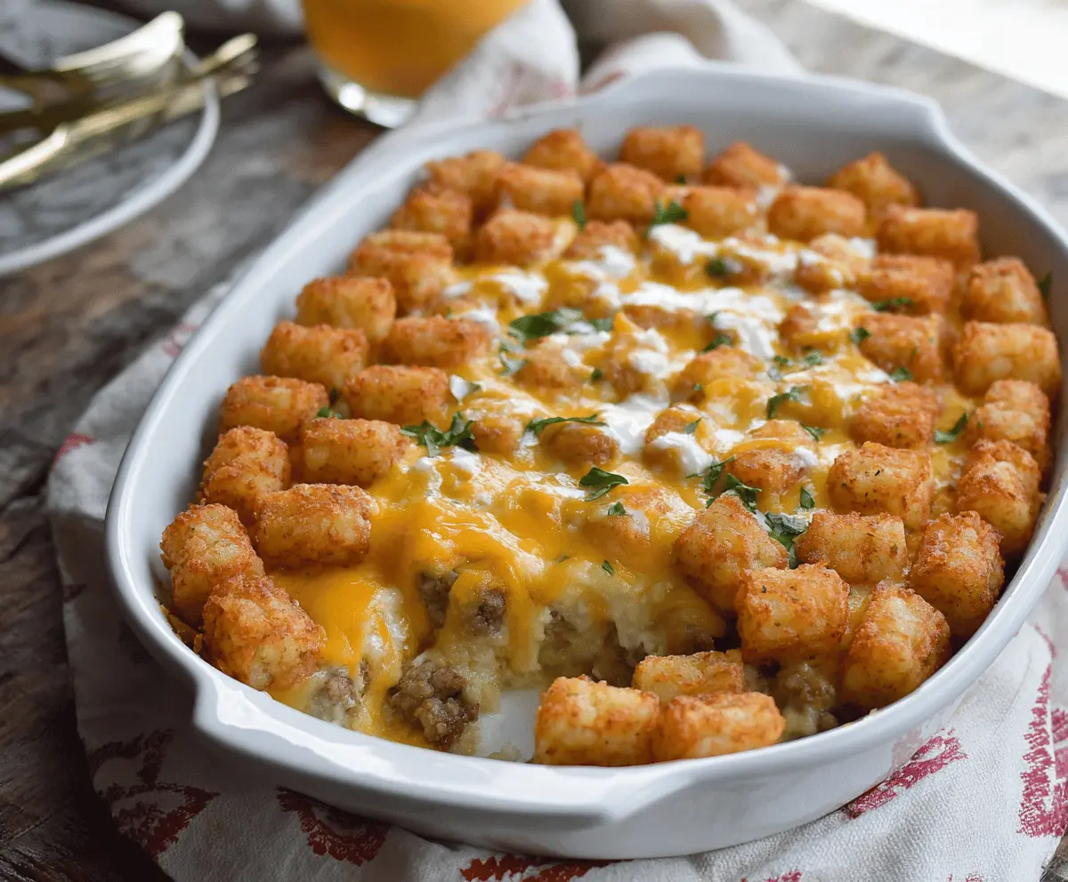 Delicious Sausage Gravy Breakfast Tater Tot Casserole ready for serving.