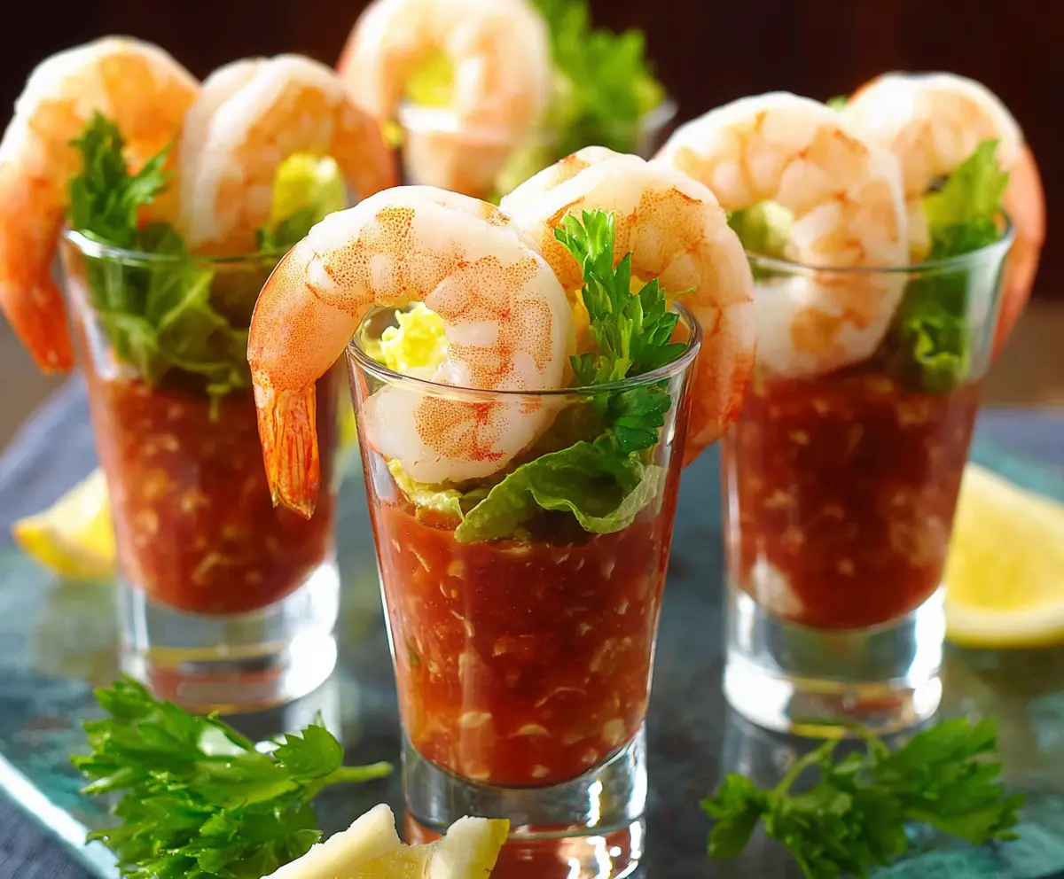 Delicious shrimp cocktail served in shot glasses with lemon and cocktail sauce