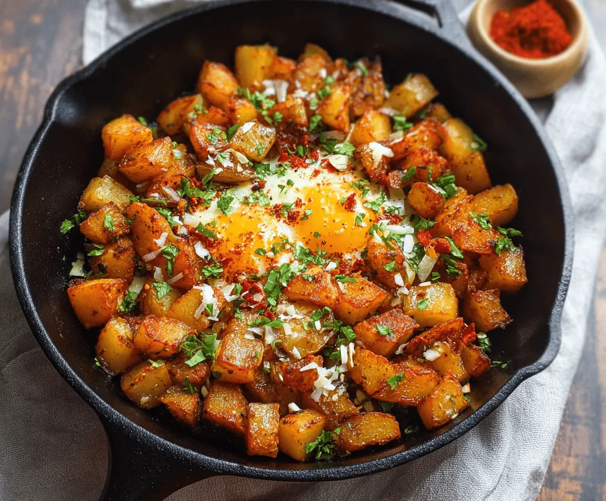 Golden crispy skillet breakfast potatoes with herbs and seasonings
