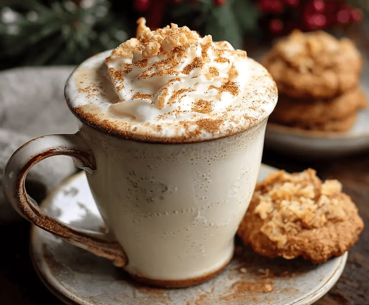 Creamy Snickerdoodle Hot Chocolate topped with cinnamon and sugar swirl.