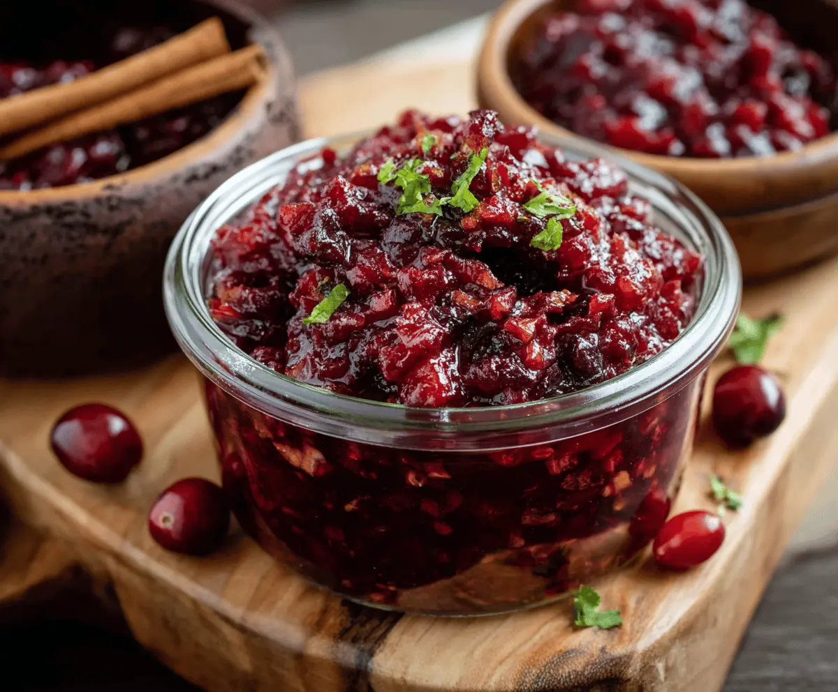 Delicious Spicy Chipotle Cranberry Chutney served in a rustic bowl with fresh herbs.