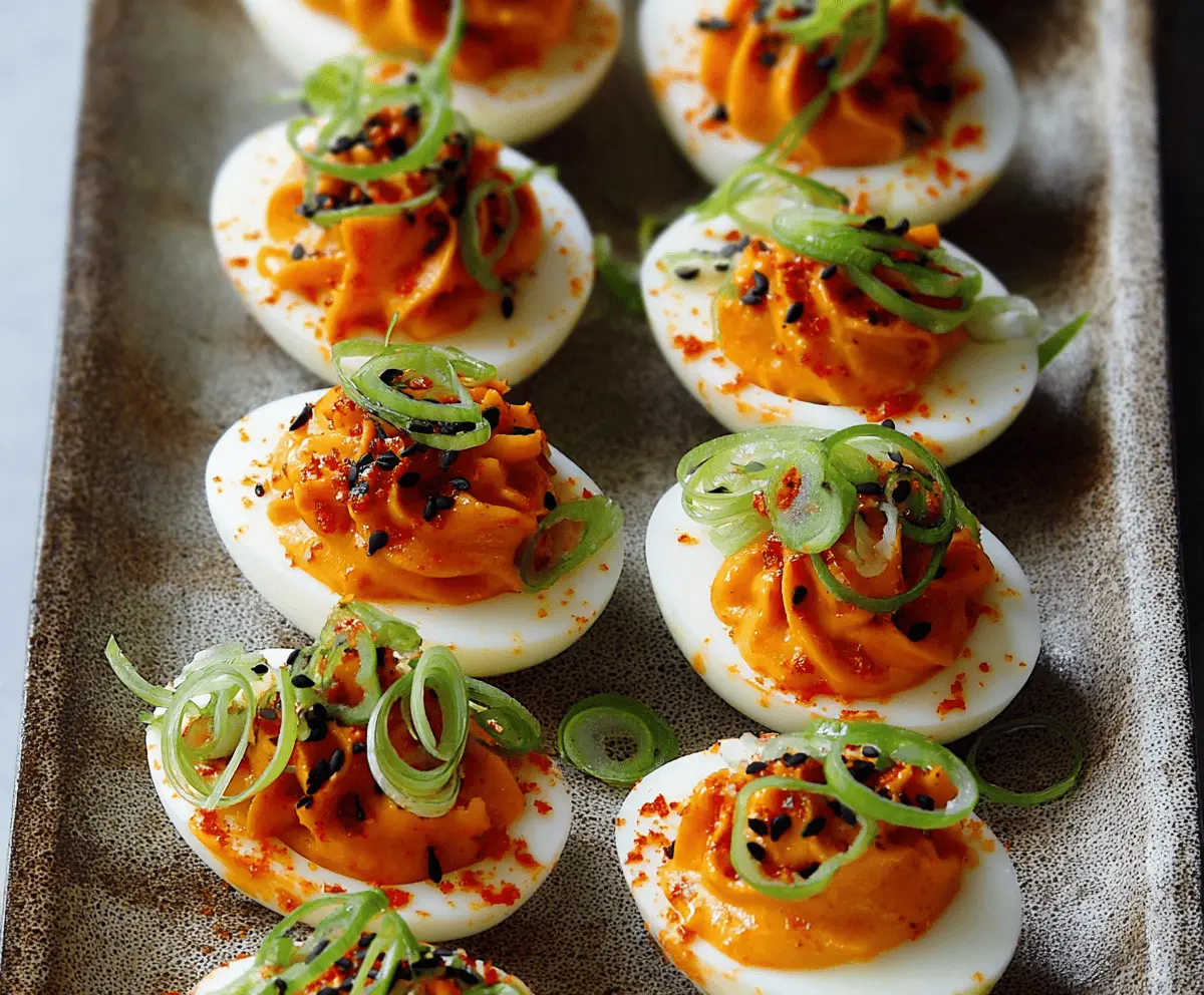 Spicy Gochujang Deviled Eggs garnished with sesame seeds and green onions on a white plate.