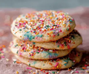 Homemade sprinkle sugar cookies with colorful icing and festive sprinkles on a baking tray.