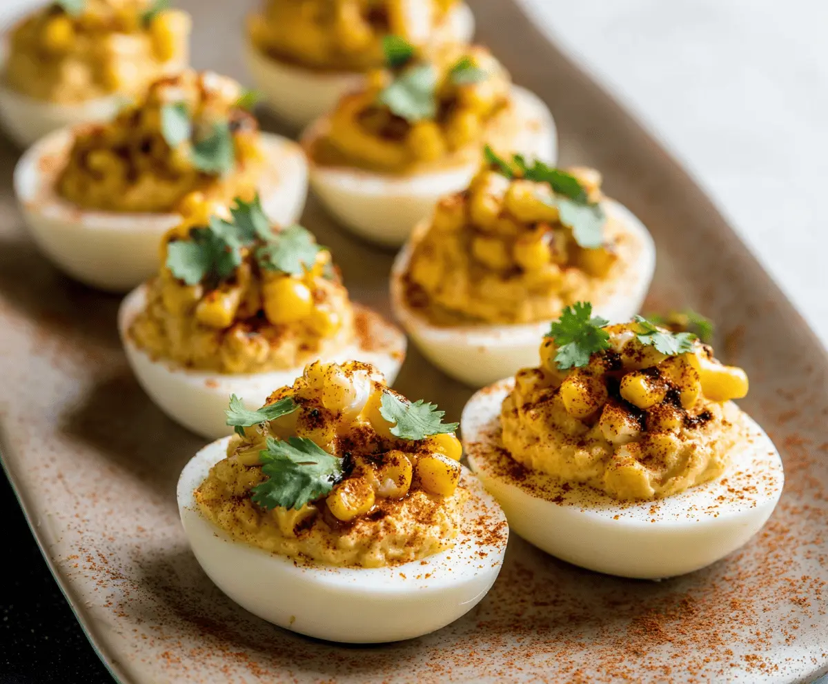 Close-up of street corn deviled eggs topped with chili powder and cilantro on a rustic plate.