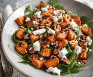 Fresh sweet potato and feta salad with greens and herbs, perfect for a healthy meal.
