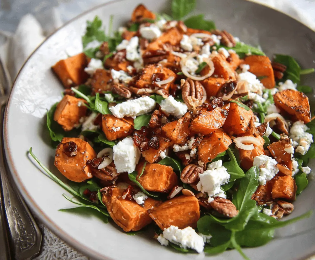 Fresh sweet potato and feta salad with greens and herbs, perfect for a healthy meal.