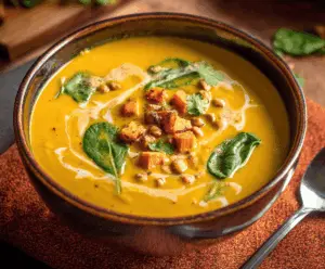 Creamy sweet potato curry soup in a rustic bowl with fresh herbs garnishing the top.