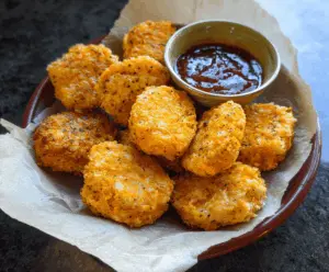 Crispy baked sweet potato nuggets served with a side of fresh vegetables.