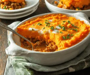 Delicious sweet potato shepherd's pie with mashed sweet potatoes and savory filling in a baking dish.