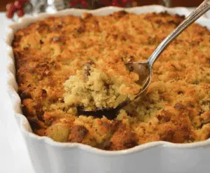 Delicious Southern Cornbread Dressing served as a traditional holiday side dish.
