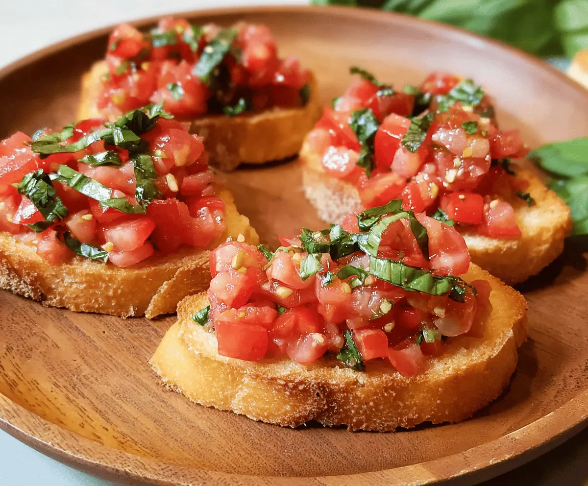 Delicious tomato basil bruschetta on toasted baguette slices, fresh and flavorful appetizer.