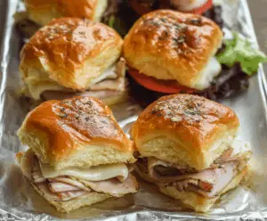 Delicious turkey and Swiss cheese sliders served on a plate, perfect for a quick appetizer or snack.