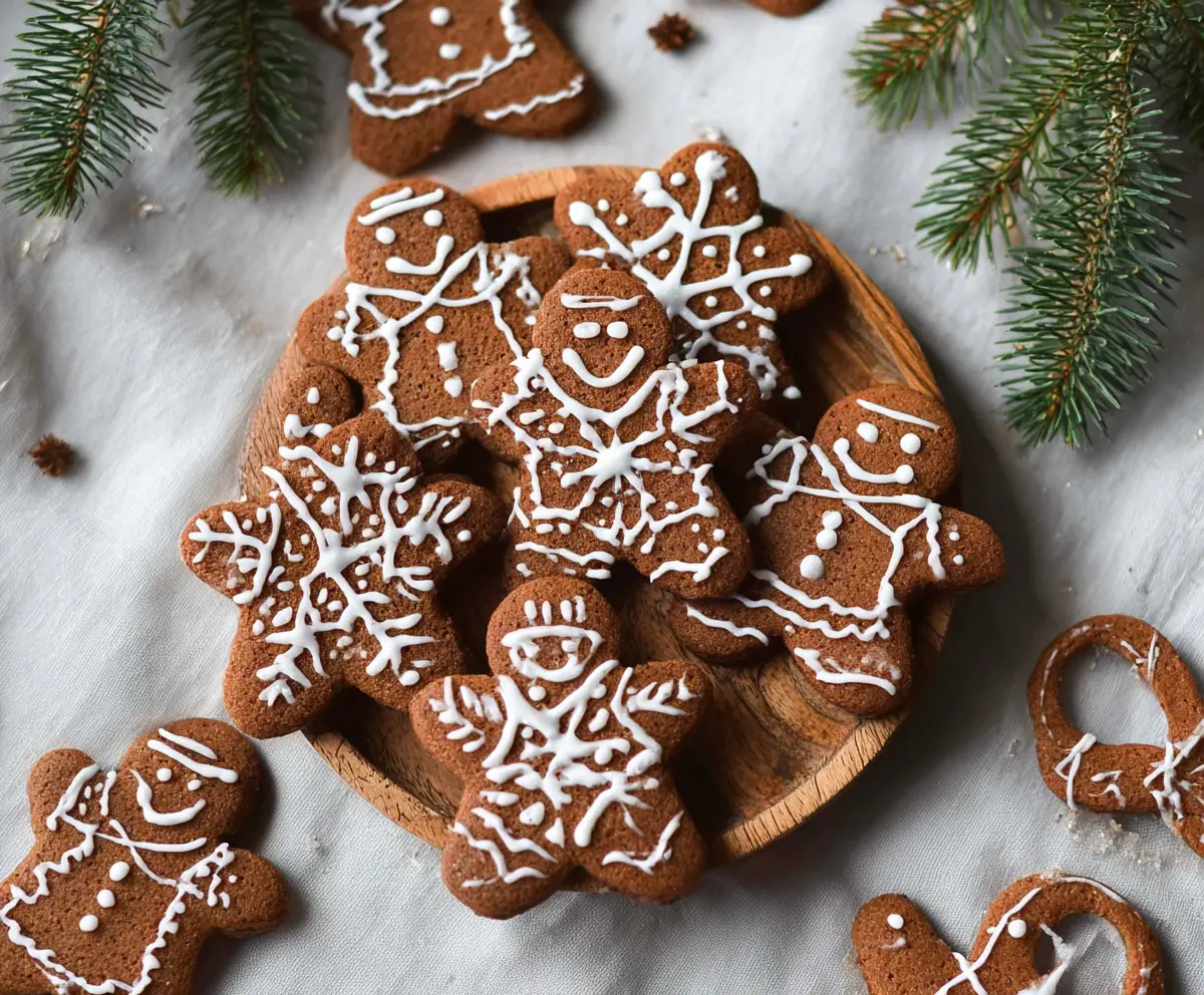 Vegan gingerbread cookies decorated with frosting on a festive plate.