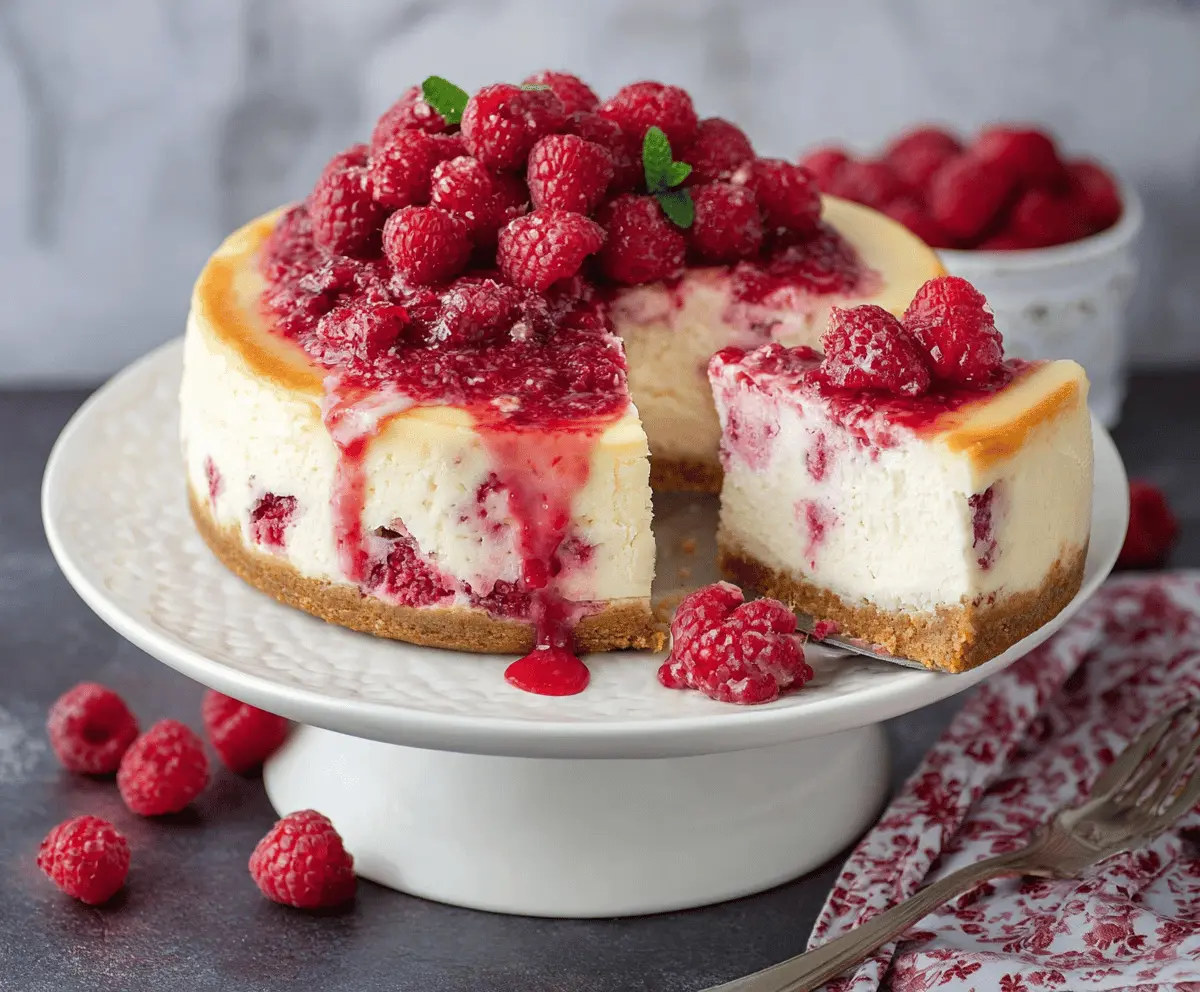 Delicious white chocolate raspberry cheesecake with a creamy texture and fresh raspberry topping.