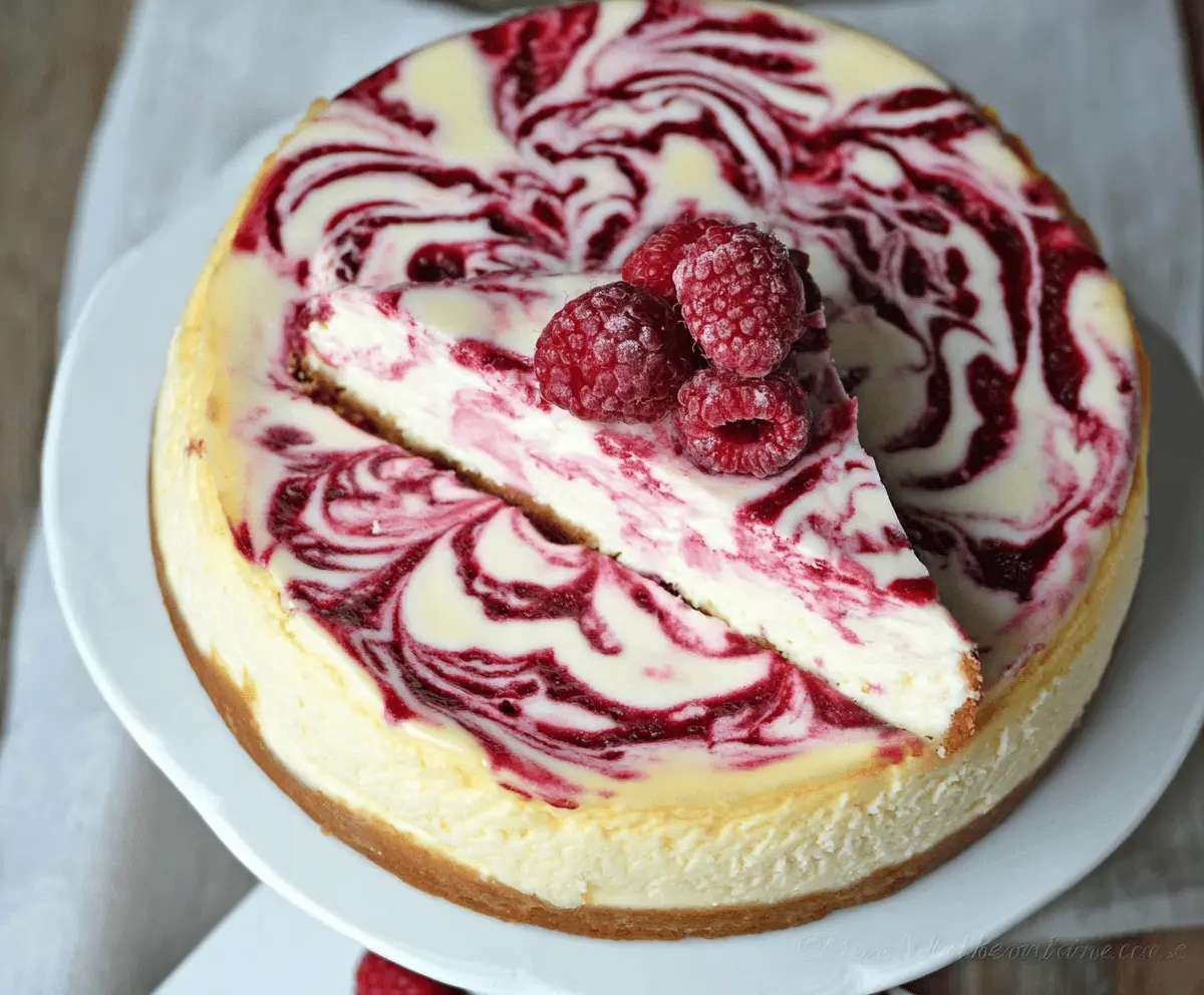 Delicious White Chocolate Raspberry Swirl Cheesecake with a creamy texture and vibrant berry swirl.