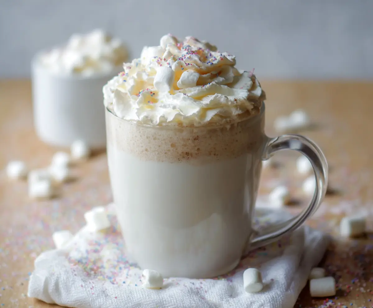 Creamy white hot chocolate topped with whipped cream and marshmallows in a cozy mug.