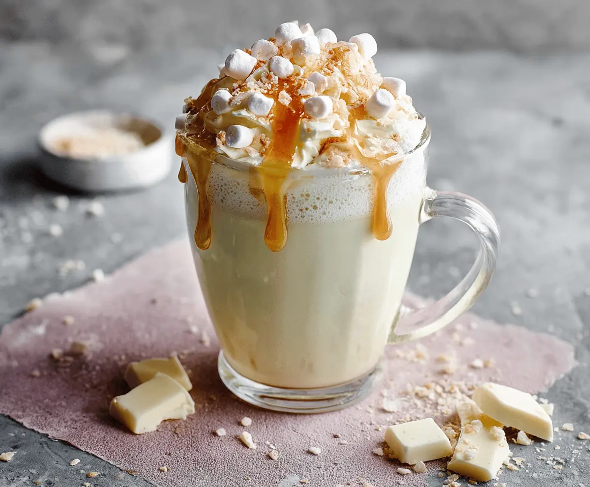 A steaming cup of white hot chocolate topped with whipped cream and a drizzle of caramel.