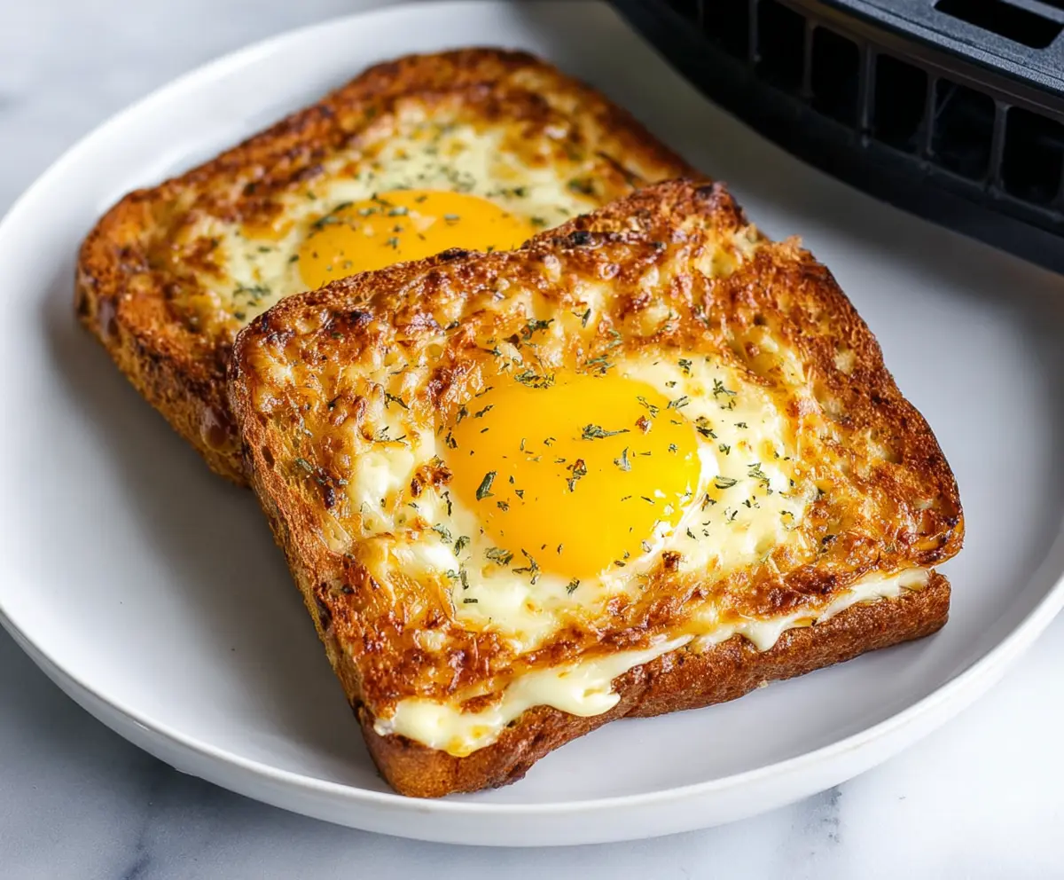 Delicious Air Fryer Egg and Cheese Toast served on a plate for breakfast.