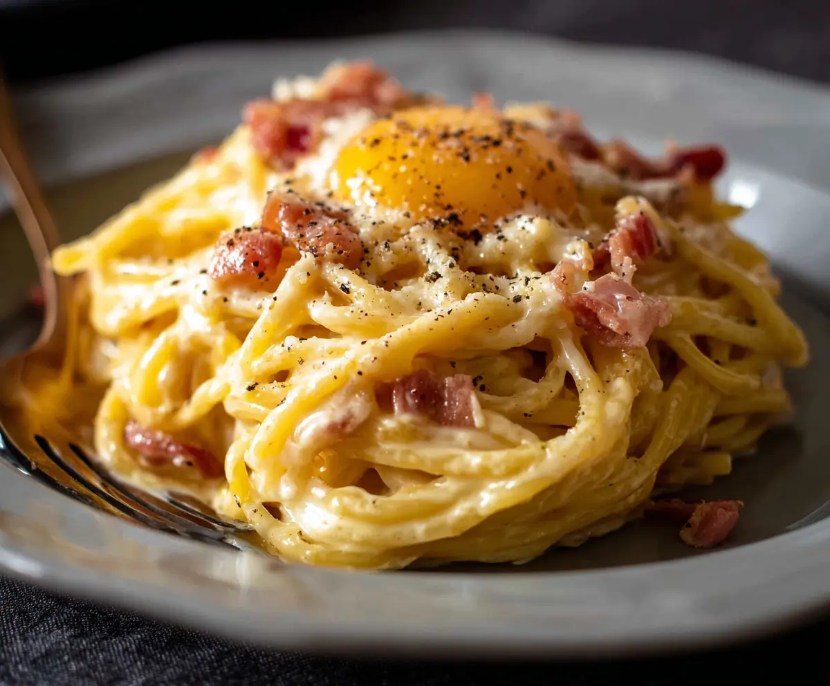 Delicious authentic Pasta Carbonara with creamy sauce, crispy pancetta, and grated Parmesan cheese.