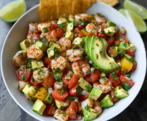 Fresh avocado salsa shrimp salad in a bowl, vibrant and colorful, perfect for a healthy meal.