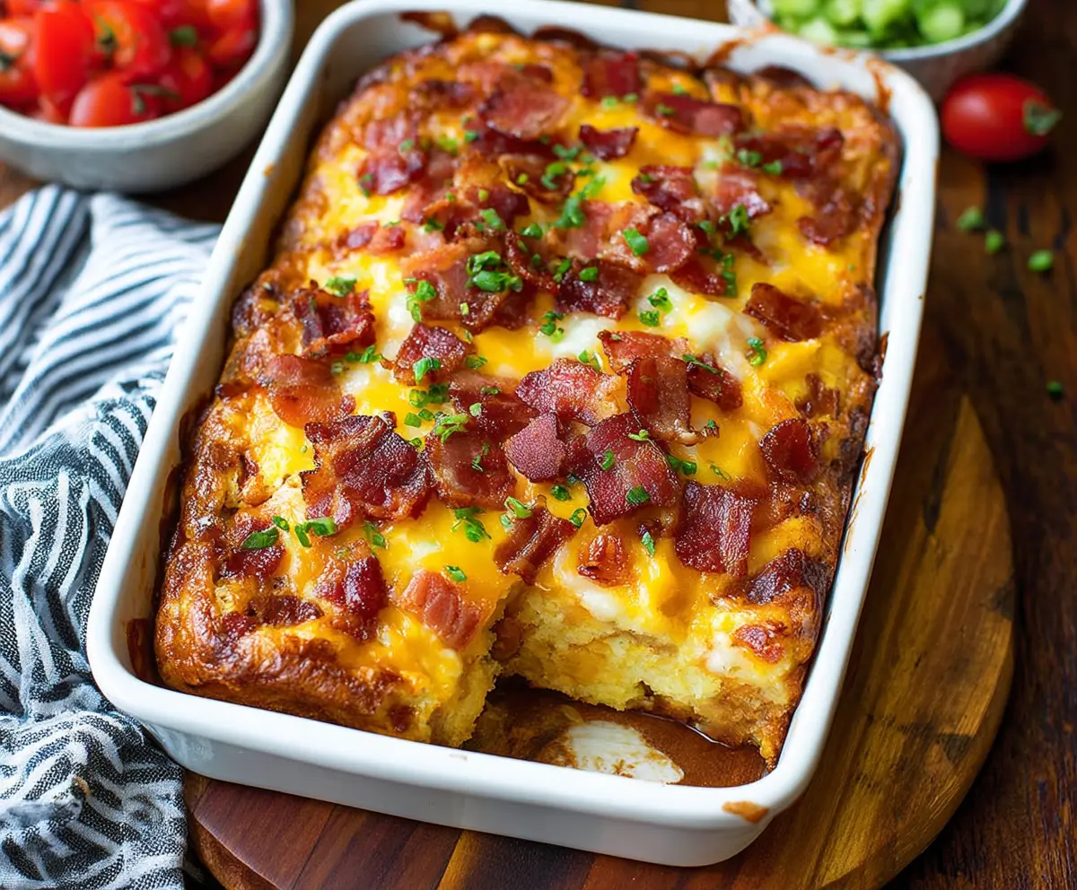 Delicious bacon breakfast casserole with eggs, cheese, and veggies in a baking dish.