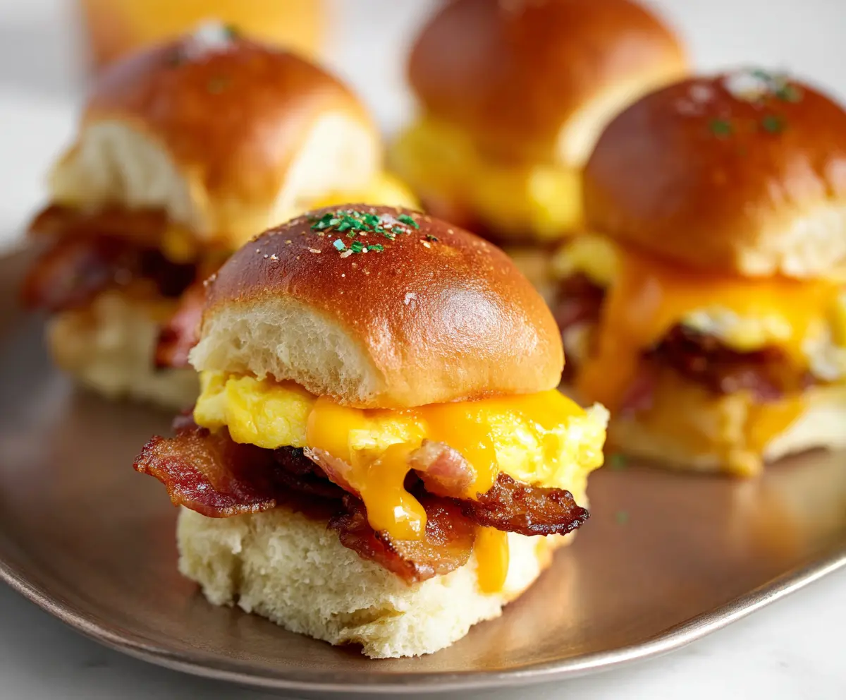 Delicious bacon, egg, and cheese breakfast sliders served hot on a plate.