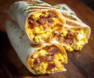 Delicious bacon egg burrito with melted cheese and fresh ingredients