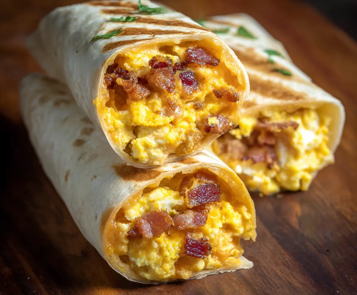 Delicious bacon egg burrito with melted cheese and fresh ingredients