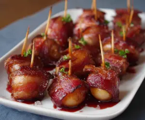 Delicious bacon-wrapped water chestnuts served as a savory appetizer.