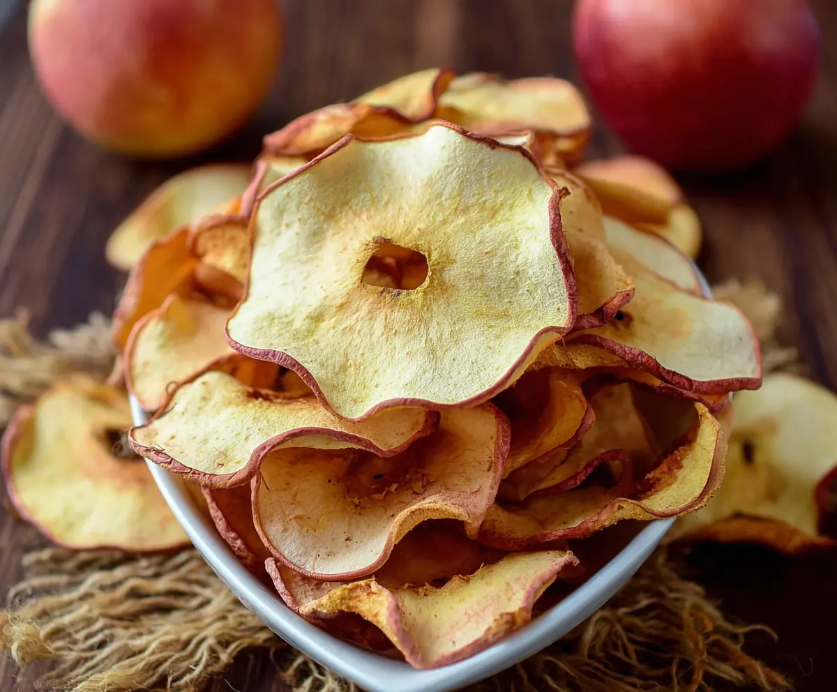 Crunchy baked apple chips on a white plate, perfect as a healthy snack.