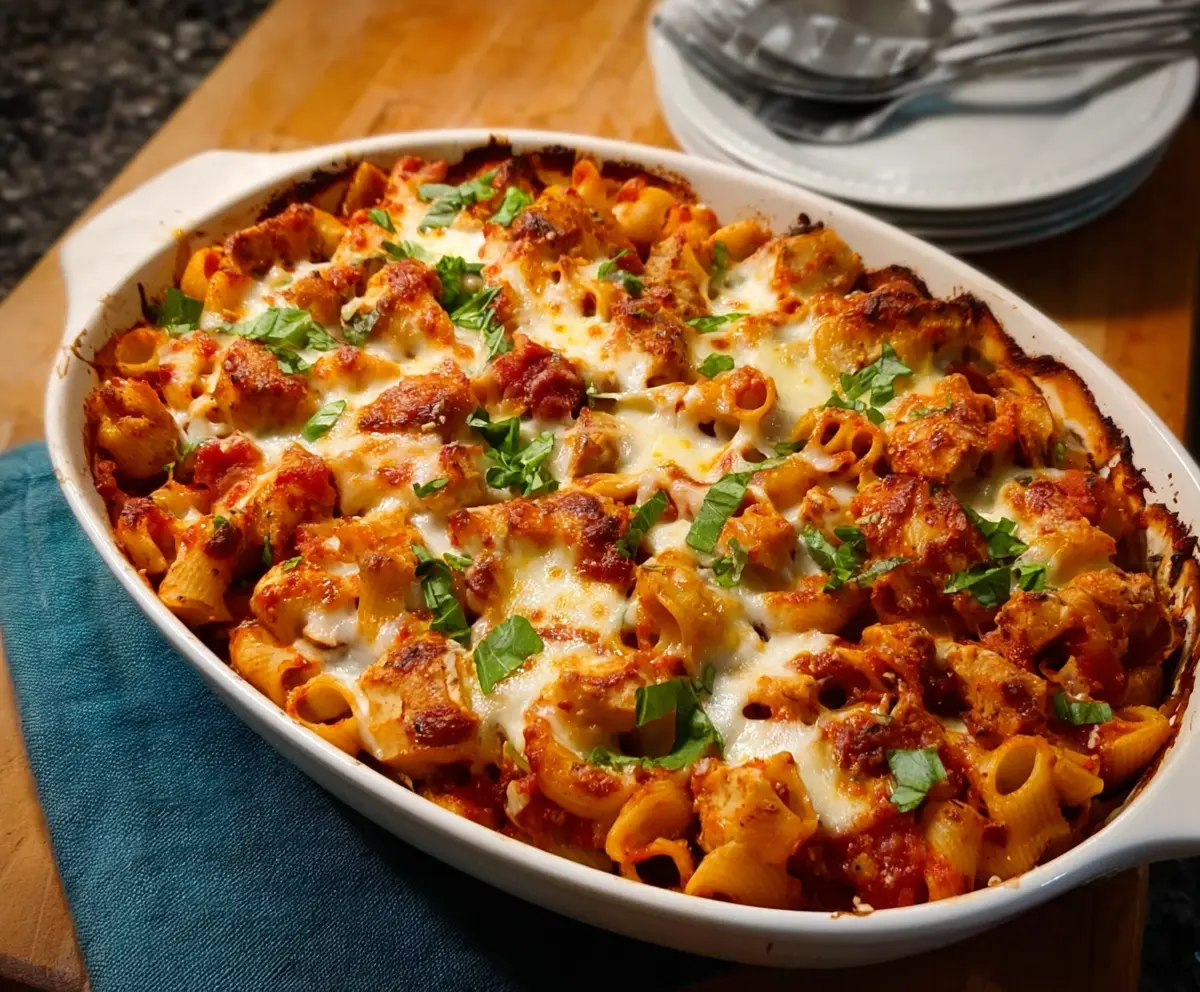 Delicious baked chicken mozzarella pasta dish with melted cheese and marinara sauce