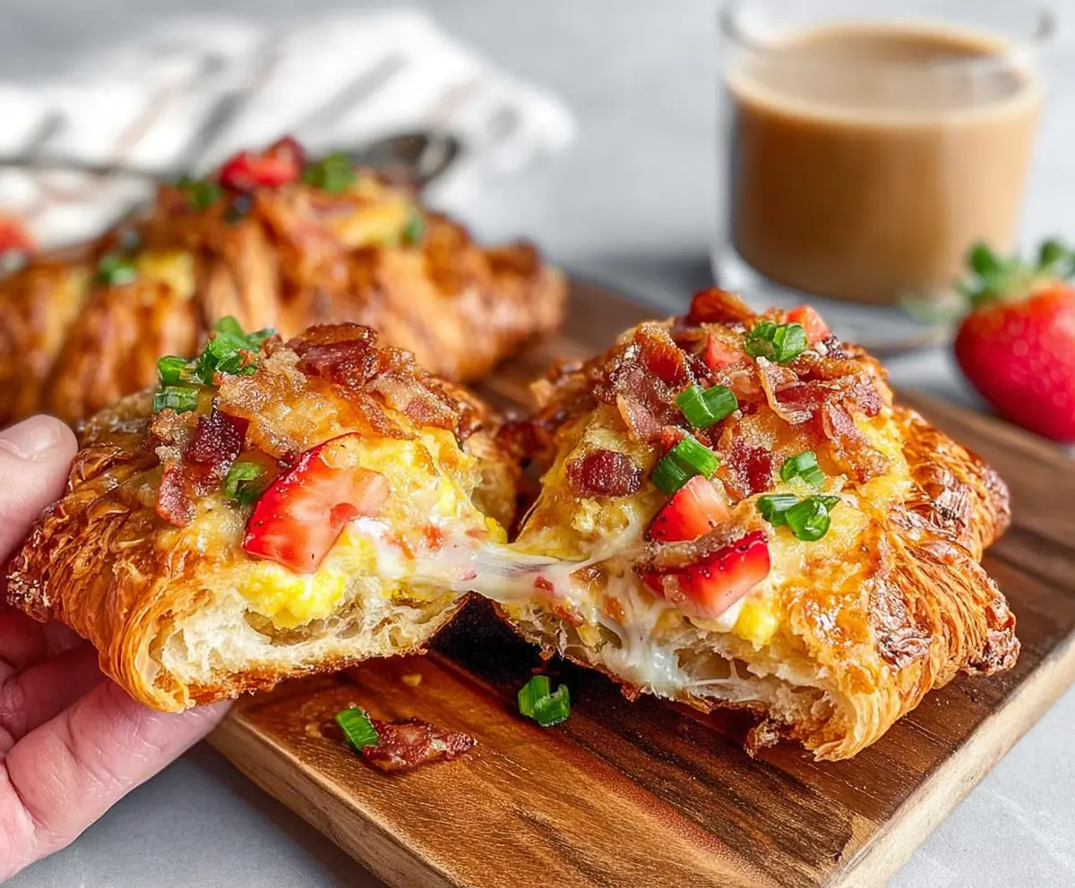 Delicious baked croissant breakfast boats filled with eggs, cheese, and fresh vegetables for a savory morning meal.