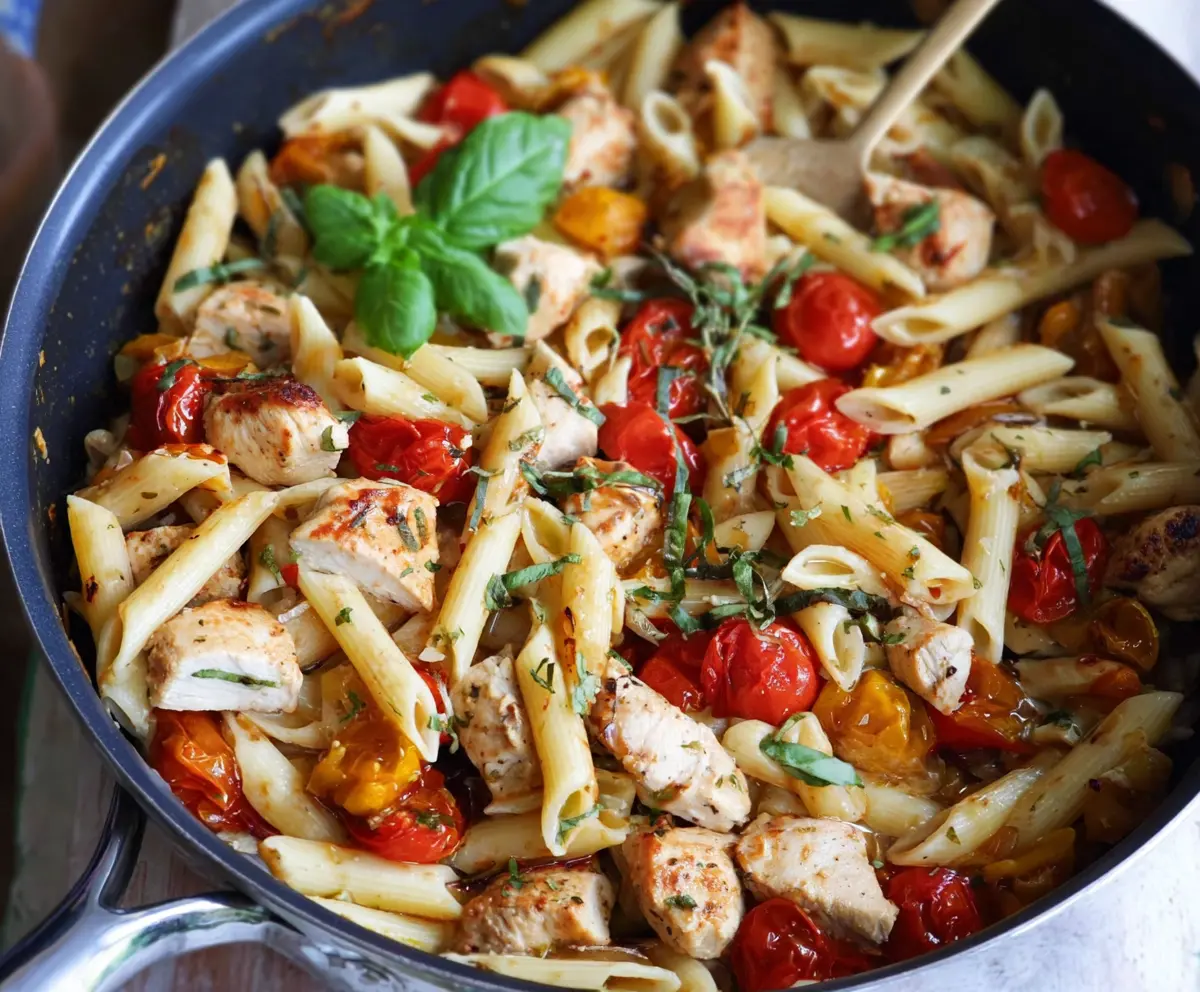 Delicious balsamic chicken pasta with fresh herbs and cherry tomatoes on a white plate