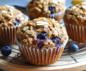 Delicious Banana Blueberry Oatmeal Muffins ready to enjoy for breakfast or snack.
