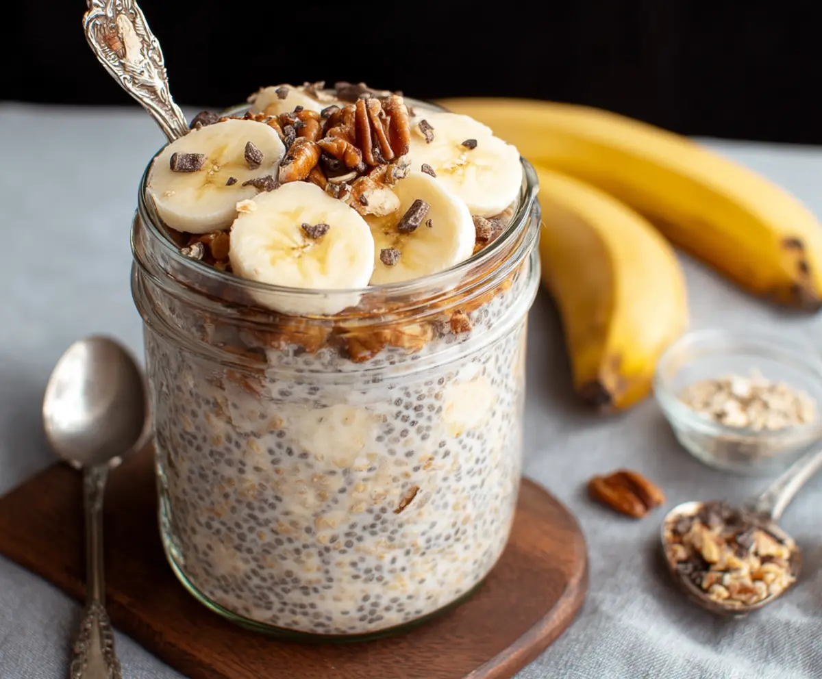 Healthy Banana Chia Overnight Oats in a glass jar with fresh banana slices and chia seeds on top.