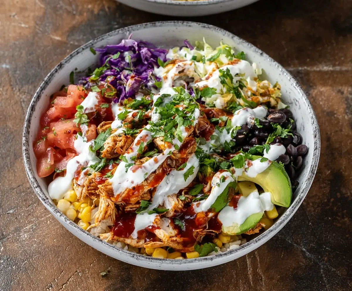 Delicious BBQ Chicken Ranch Bowl featuring grilled chicken, fresh vegetables, and creamy dressing served in a bowl.