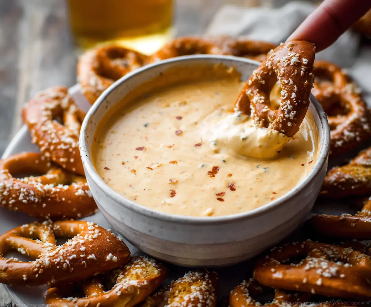 Creamy Beer Cheese Dip served with pretzels and snacks for a flavorful appetizer.