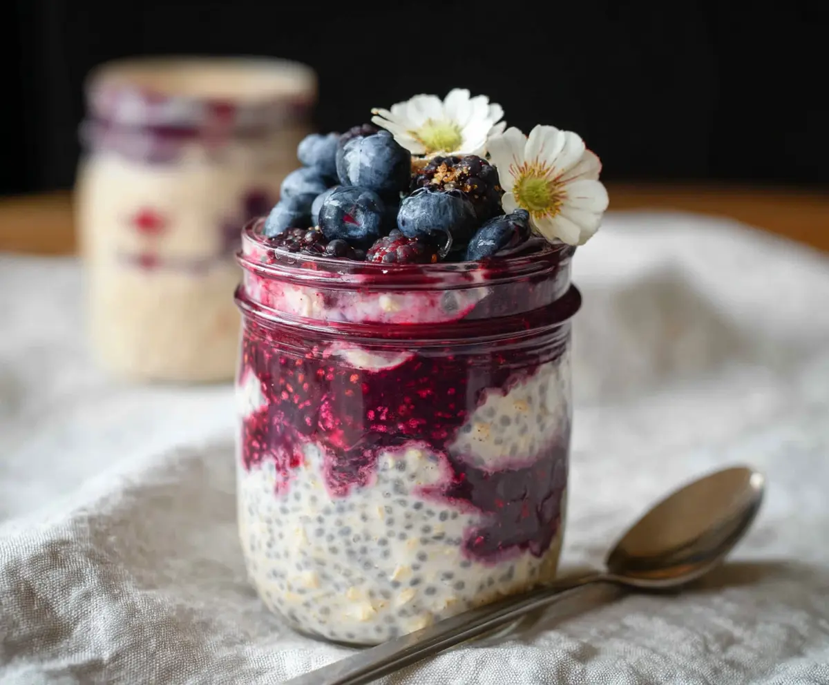 Creamy Berry Cheesecake Overnight Oats topped with fresh berries and a sprig of mint