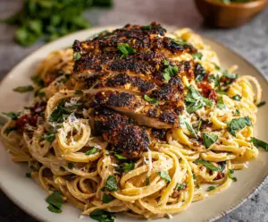 Delicious blackened chicken pasta with smoky spices and al dente noodles on a plate.