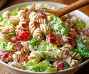 Delicious BLT Pasta Salad with crispy bacon, fresh tomatoes, and pasta in a creamy dressing.