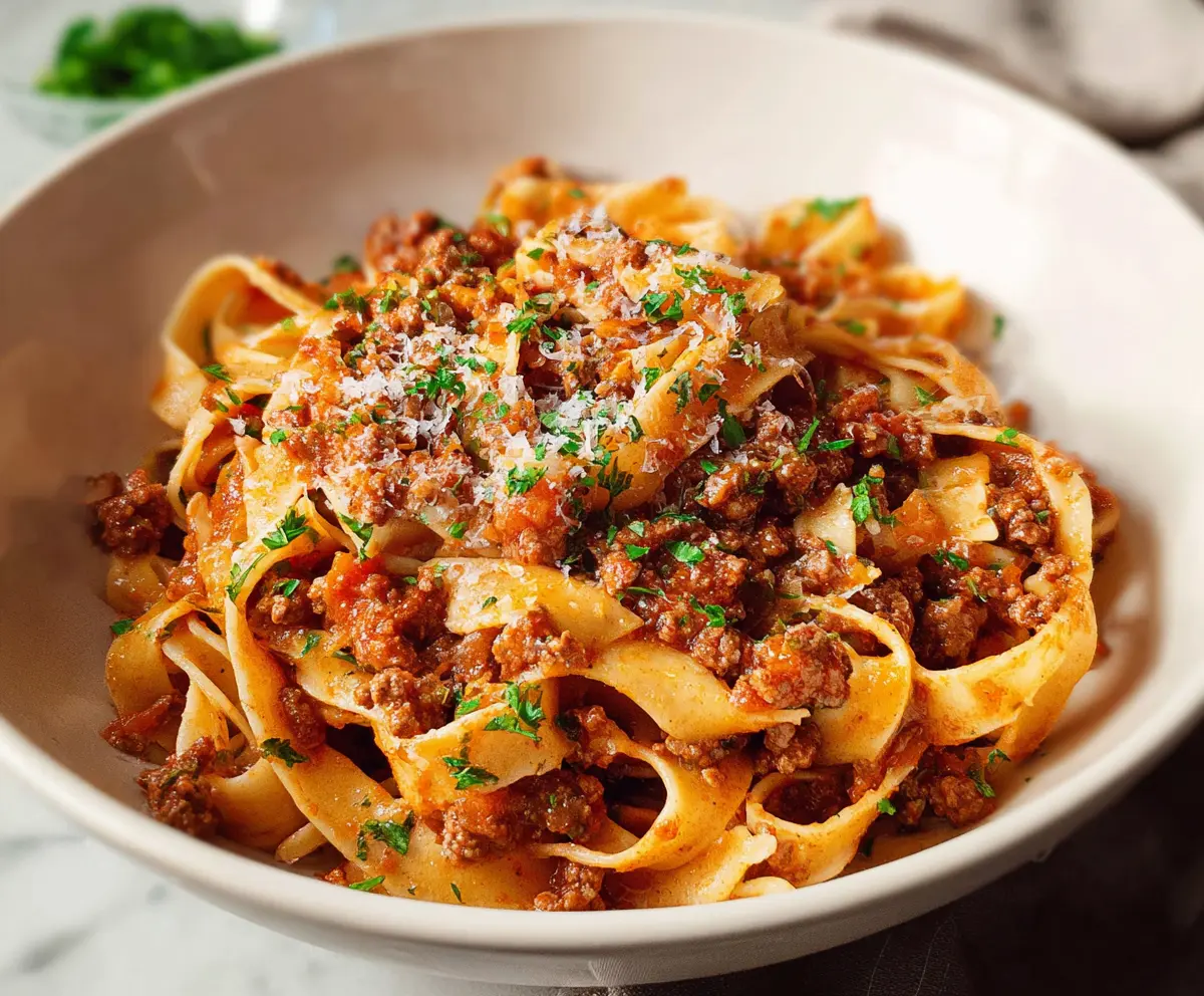 Delicious Bolognese pasta with rich tomato sauce and melted cheese.